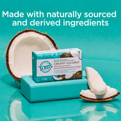 Tom's of Maine Creamy Coconut bar soap lather close-up for gentle cleansing.