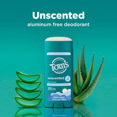 Tom's of Maine deodorant stick unscented cap closeup highlights a clean label for everyday use.