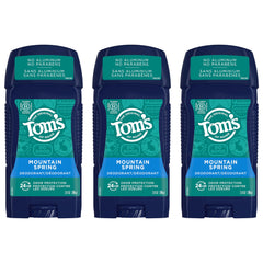Tom's of Maine Mountain Spring 3-pack deodorant display, highlighting long-lasting odor protection