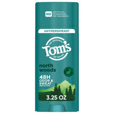 Tom's of Maine North Woods antiperspirant stick front view, natural formula with herbal scent.