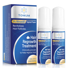 TOMUM 5% Minoxidil Foam bottle and pump for precise daily dosing.