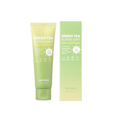 TONYMOLY Green Tea Sunscreen pump close-up highlights lightweight, non-greasy feel.