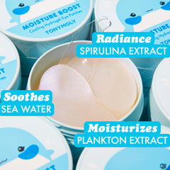TONYMOLY eye patches in use soothing tired eyes with hydrating formula.