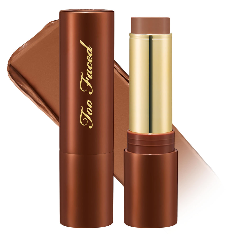 Too Faced Chocolate Soleil Melting Bronzer Stick packaging close-up for portable warmth.