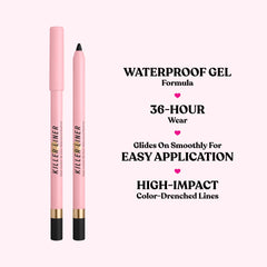 Too Faced Killer Liner waterproof-formula swatch on skin demonstrates smudge-proof hold.