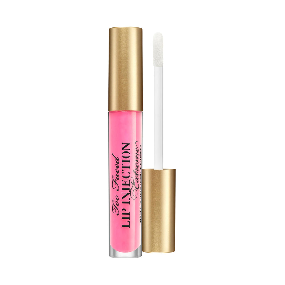 Too Faced Lip Injection Extreme Bubblegum Yum gloss application showing immediate fullness and glossy shine.