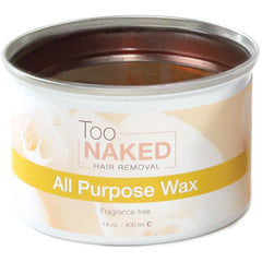 Too Naked all-purpose wax packaging highlights fragrance-free vegan formula for sensitive use.