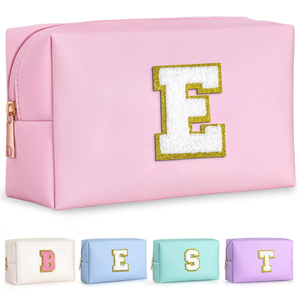 TOPEAST Pink E initial makeup bag front view, ideal for organized travel