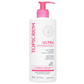 Topicrem ultra-moisturising body milk bottle with pump, quick absorption for dry skin.