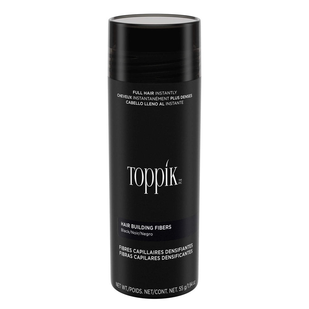 Toppik Hair Building Fibers black bottle blend naturally for fuller look.