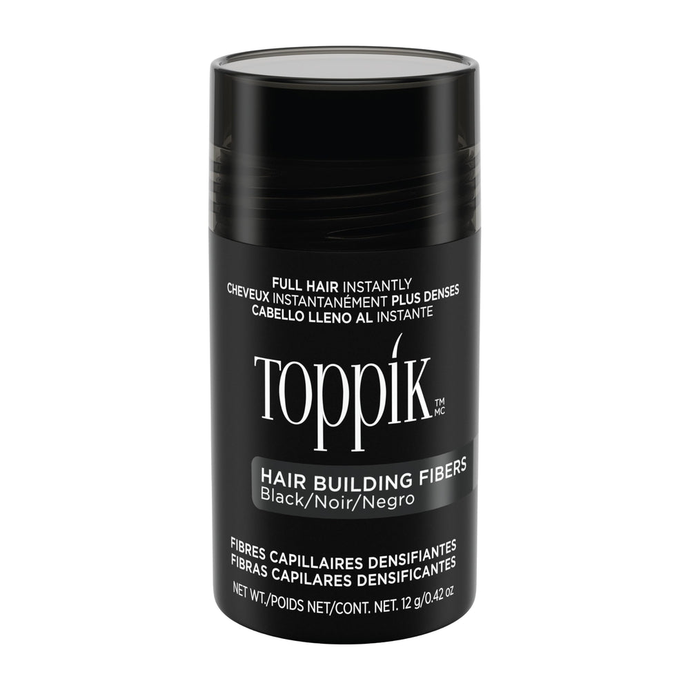 TOPPIK Hair Building Fibers Black packaging demonstrates an easy thinning-hair solution