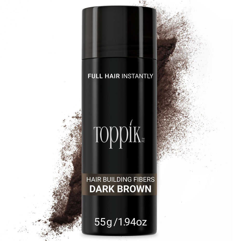 Toppik Hair Building Fibers Dark Brown bottle close-up for natural fullness.