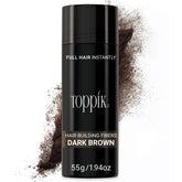 Toppik Hair Building Fibers Dark Brown bottle close-up for natural fullness.