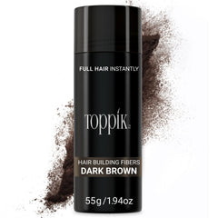 Toppik Hair Building Fibers Dark Brown bottle close-up for natural fullness.