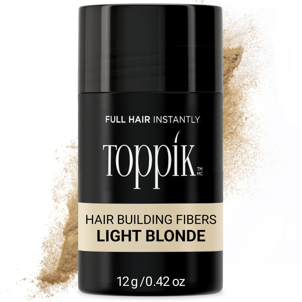 Toppik Hair Building Fibers Light Blonde bottle shows color-matched keratin for instant fullness.