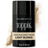 Toppik Hair Building Fibers Light Blonde bottle shows color-matched keratin for instant fullness.
