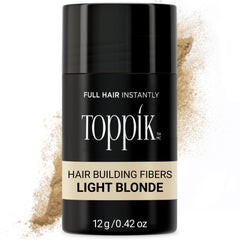 Toppik Hair Building Fibers Light Blonde bottle shows color-matched keratin for instant fullness.