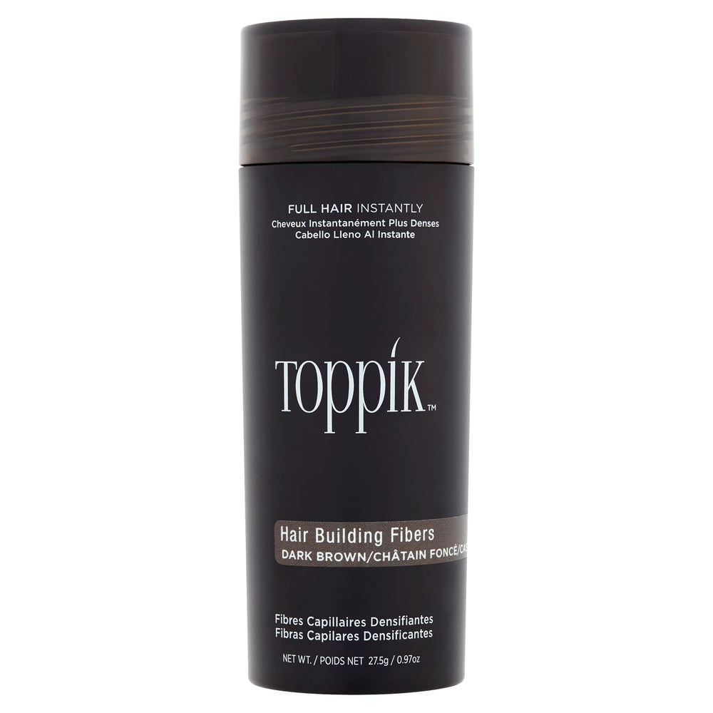 Toppik Hair Fibers Dark Brown bottle close-up for fuller-looking hair