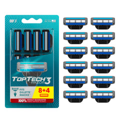 Toptech Razor 3 for Men pack front highlights eight-refill set for economical shaving