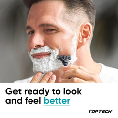 Toptech Razor3 blade refill close-up highlighting sharp triple blades for precise shaving.