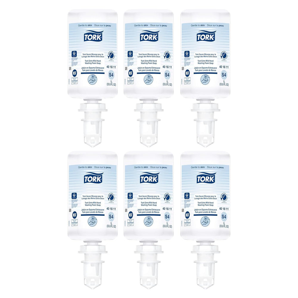 Tork Extra Mild Foam Soap S4 bottle showing fragrance-free formula for sensitive skin.