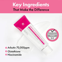 TOSOWOONG Arbutin Glutathione Cream ingredient label highlights Arbutin, Glutathione, and Niacinamide benefits.