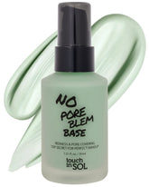 Touch in Sol green-tone redness correcting base primer bottle neutralizes redness for a balanced base.