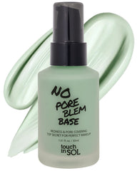 Touch in Sol green-tone redness correcting base primer bottle neutralizes redness for a balanced base.