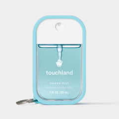 Touchland hand mist case with keyring; attach to keys for easy access.