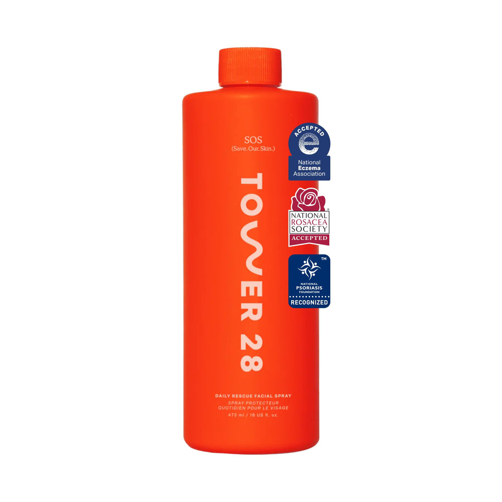 Tower 28 Jumbo SOS Daily Rescue bottle shown for on-the-go skin calming
