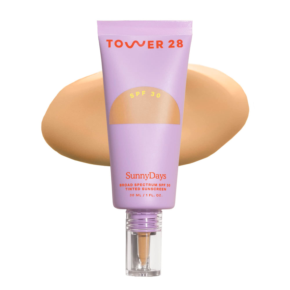 Tower 28 SunnyDays SPF 30 tinted moisturizer bottle showing buildable coverage