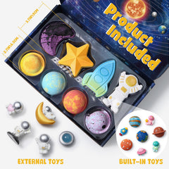 Inside each bath bomb is a cute space toy for imaginative play.