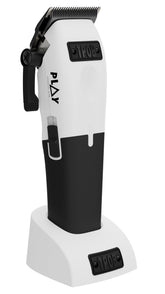 TPOB Play barber clippers front view with sleek white finish for precise styling.
