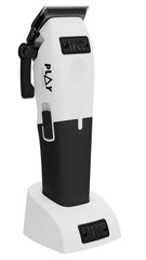 TPOB Play barber clippers front view with sleek white finish for precise styling.