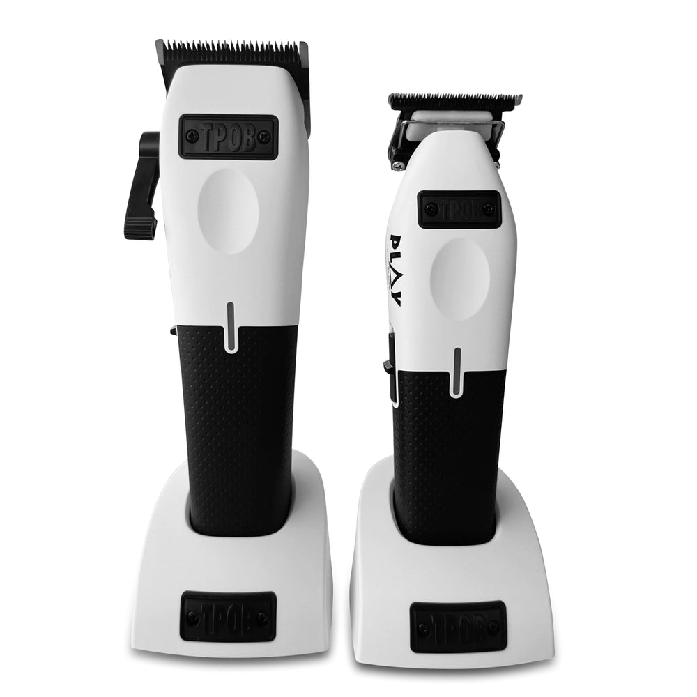 TPOB Play barber hair clippers white set with blades for precise fades.