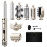 Tqcir 8-in-1 air-styler set demonstrates versatile home salon styling.