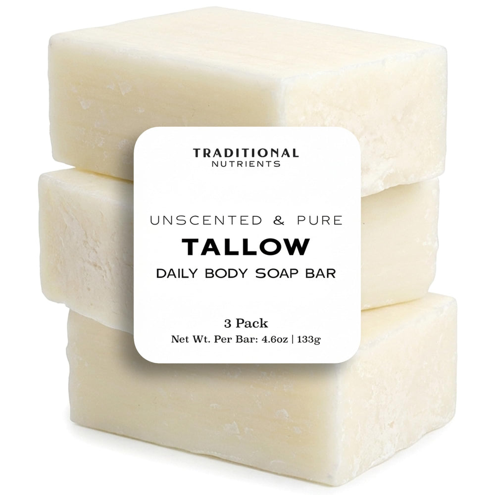 Traditional Nutrients unscented beef tallow soap bar closeup shows clean ingredients and creamy lather potential.