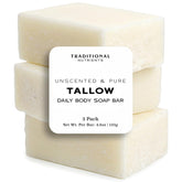 Traditional Nutrients unscented beef tallow soap bar closeup shows clean ingredients and creamy lather potential.