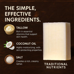 Traditional Nutrients unscented beef tallow soap bar lathering evokes gentle cleansing with natural ingredients.