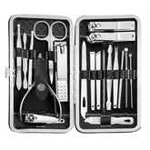 Tranchou manicure set front view showing organized stainless steel tools for home grooming