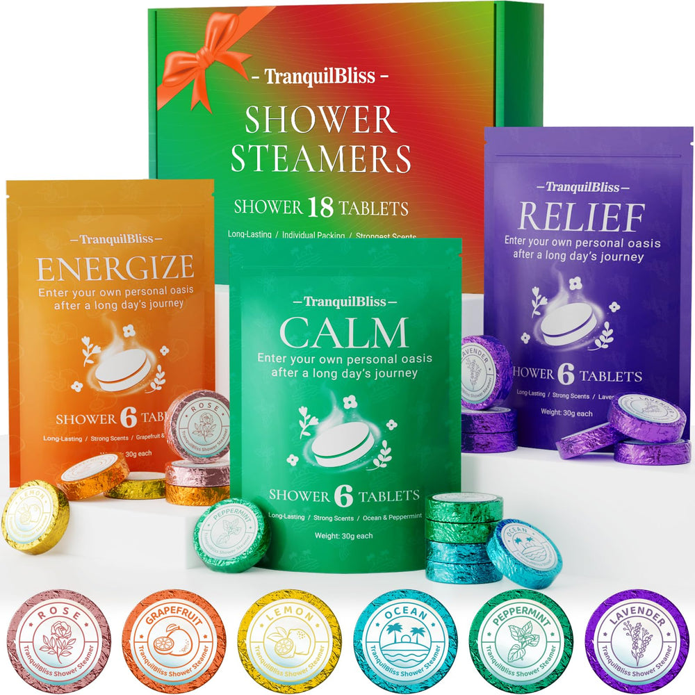 TranquilBliss bombas vapor ducha en caja, presentación elegante para regalo