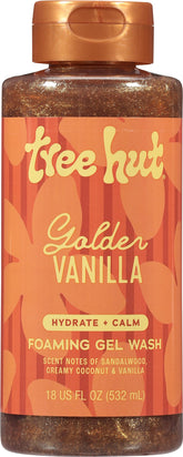 Tree Hut Golden Vanilla foaming gel bottle demonstrates creamy cleanse for soft, hydrated skin