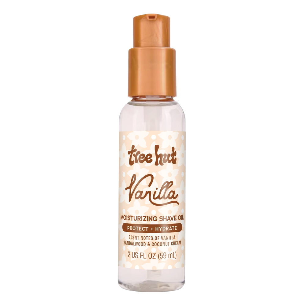 Tree Hut Mini Vanilla Shave Oil bottle shows gel-to-oil texture for smooth glide.