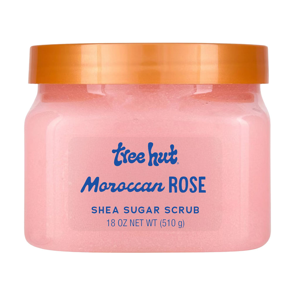 Tree Hut Moroccan Rose sugar scrub bottle shows creamy exfoliation for smooth skin.