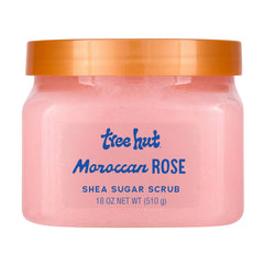 Tree Hut Moroccan Rose sugar scrub bottle shows creamy exfoliation for smooth skin.