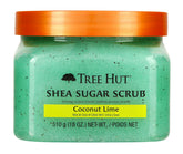 Tree Hut Shea Sugar Body Scrub Coconut Lime jar shows creamy texture for gentle exfoliation.