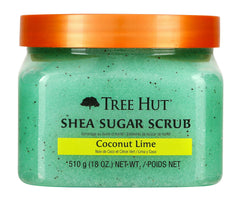 Tree Hut Shea Sugar Body Scrub Coconut Lime jar shows creamy texture for gentle exfoliation.