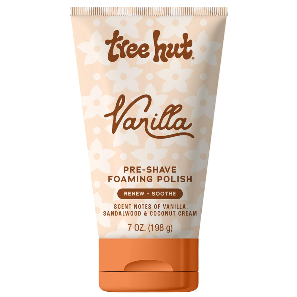 Tree Hut Vanilla Pre-Shave Polish bottle showing creamy lather and warm vanilla scent.