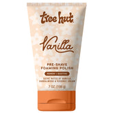 Tree Hut Vanilla Pre-Shave Polish bottle showing creamy lather and warm vanilla scent.