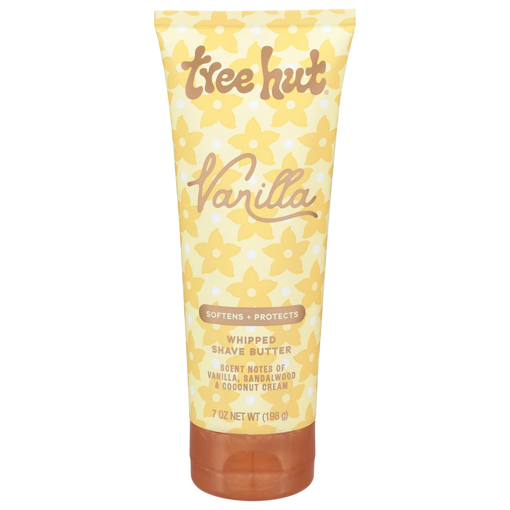 Tree Hut Vanilla Whipped Shave Butter jar closeup, creamy texture for smooth shaving.
